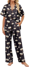 Satin Pajamas for Women Set Button Down Short Sleeve - Cooling Print