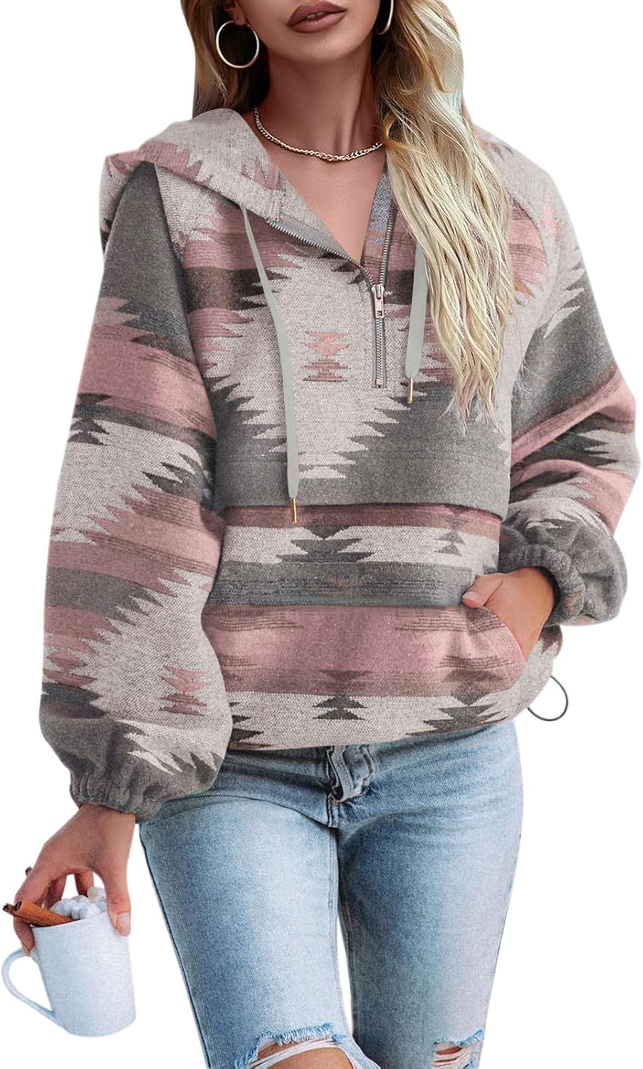 Fessceruna Womens Aztec Half Zip Up Hoodies for Casual Style