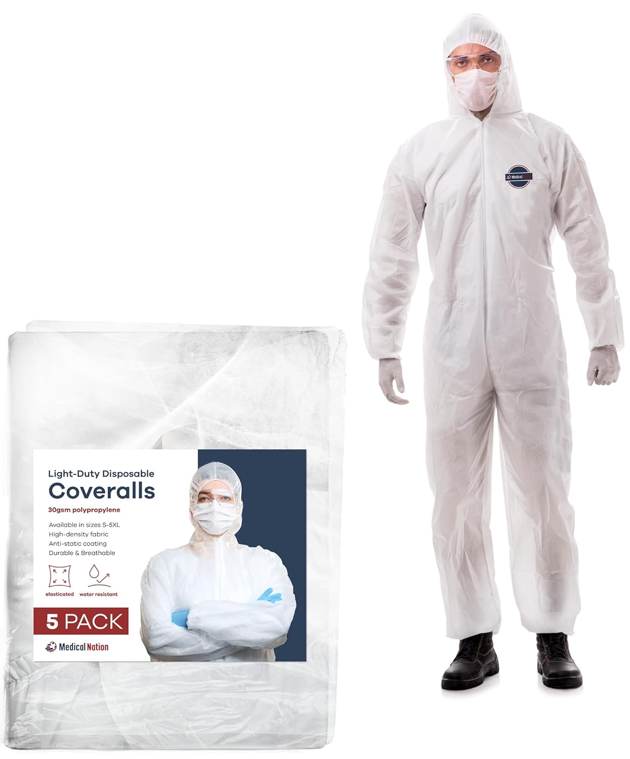 Hazmat Suits Disposable 5 Pack for Men & Women - Light Duty Coveralls