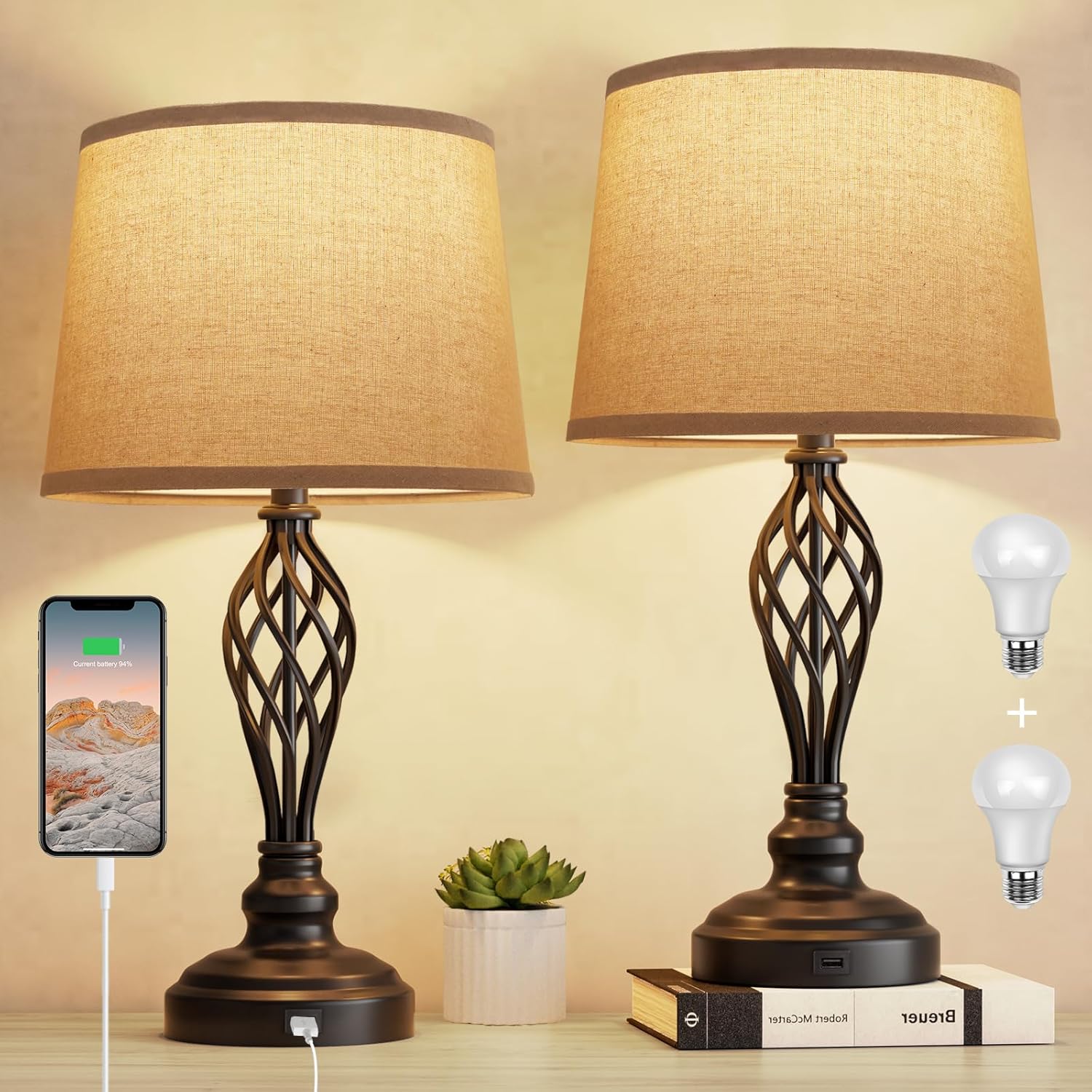 Farmhouse Bedside Lamps with USB Port and 3-Color Temperature
