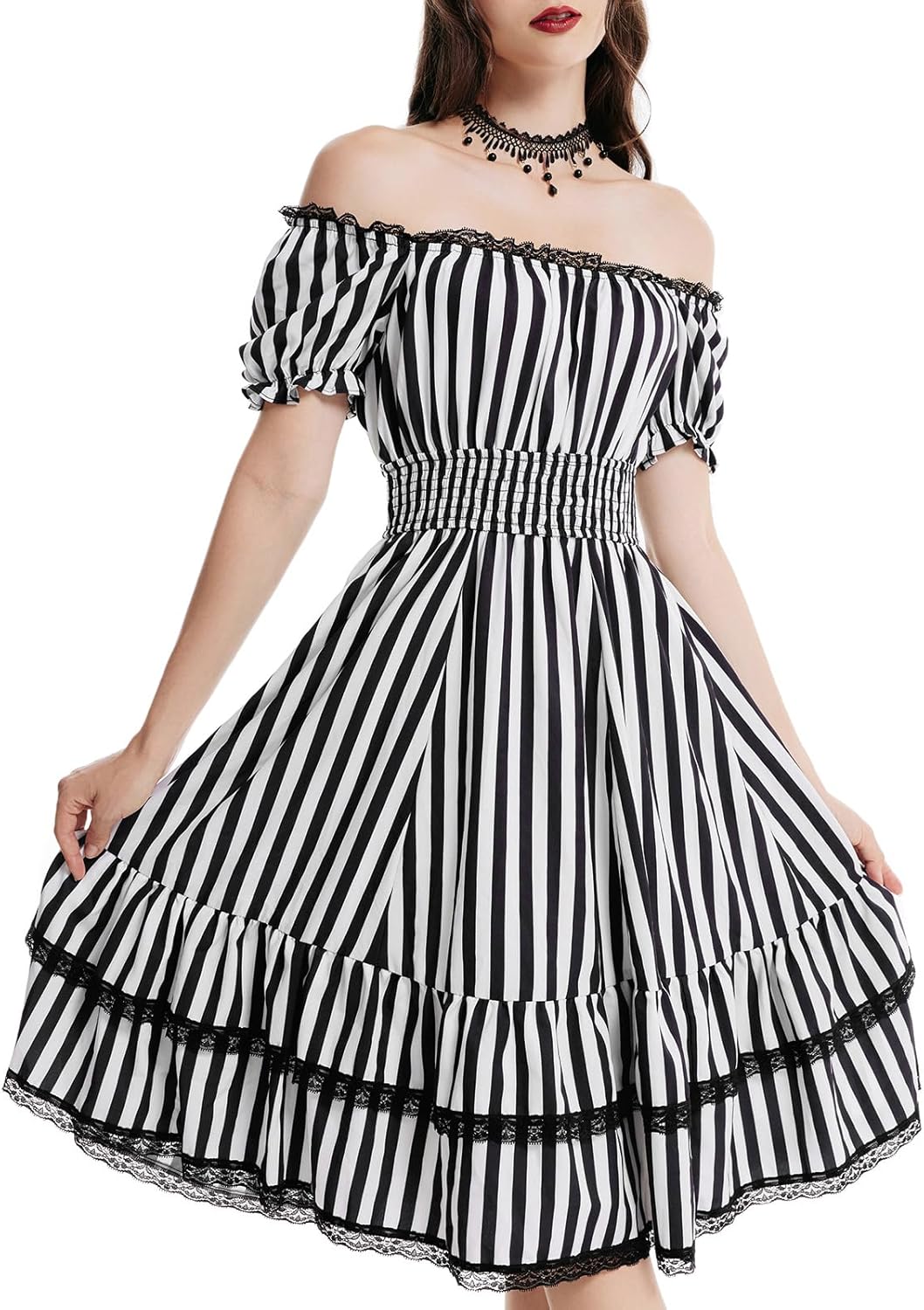 Gothic Victorian Midi Dress with Puff Sleeves and Ruffles