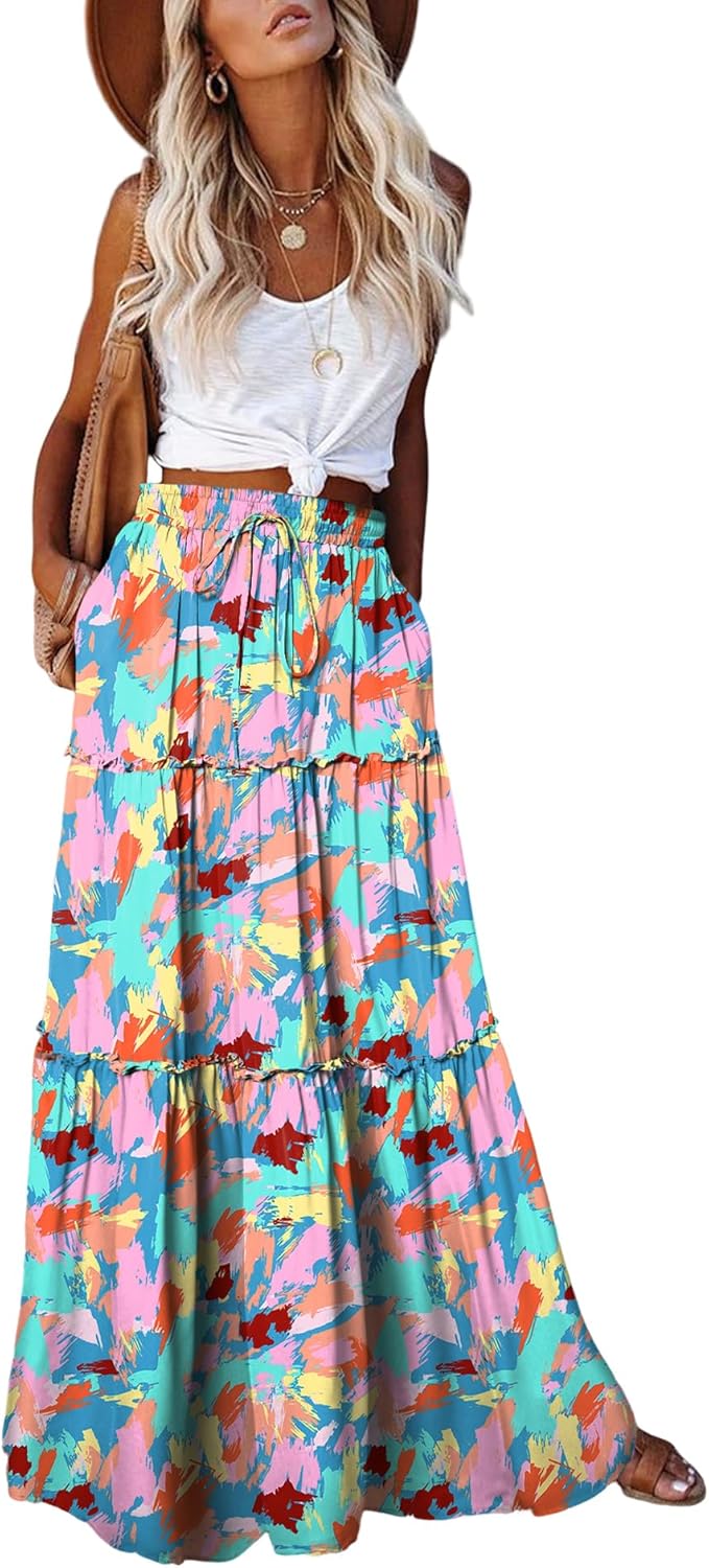 EARKOHA Womens Casual High Waist Tie Maxi Skirt with Pockets