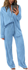 Women's 2 Piece Fall Tracksuit Set - Textured Button Down & Wide Leg