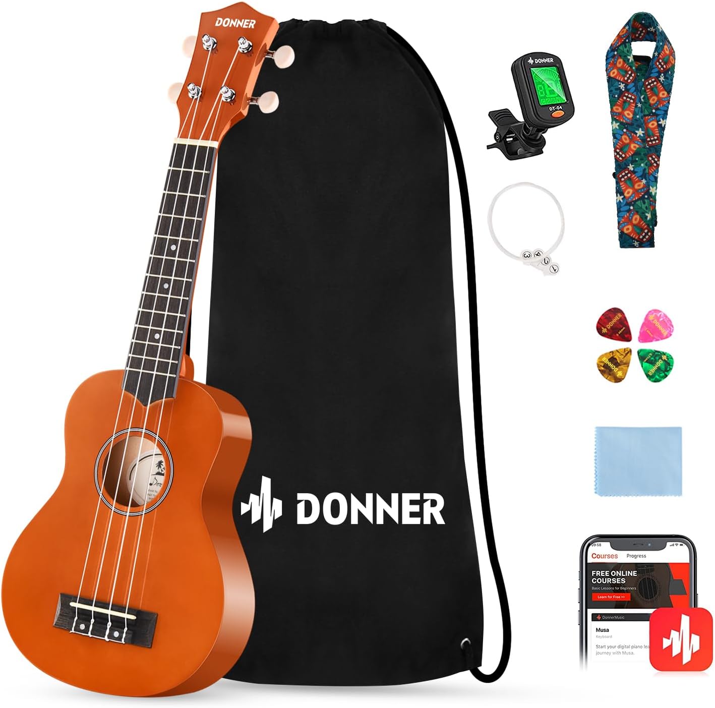 Donner Soprano Ukulele Starter Bundle Kit for Beginners 21 in