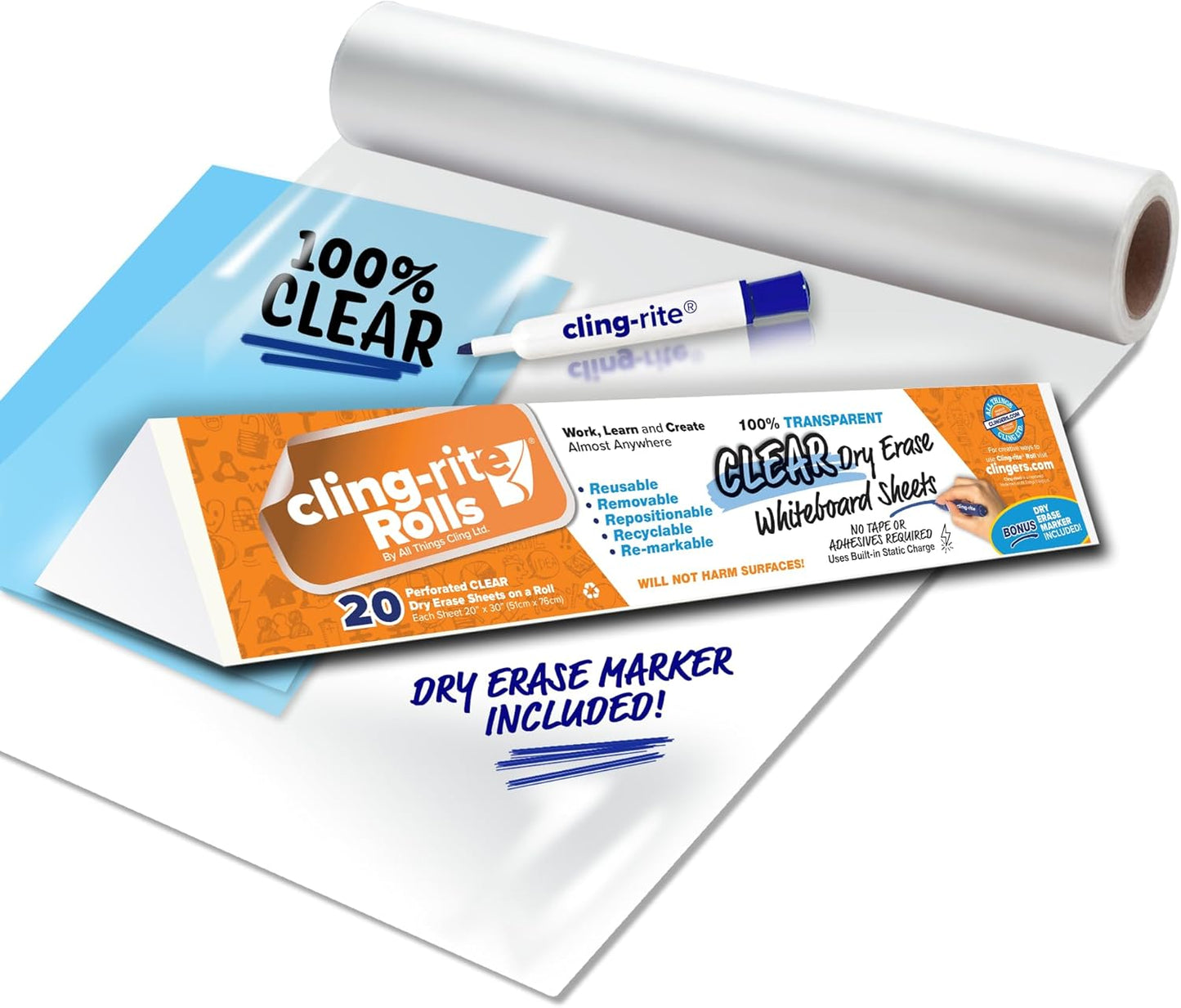 Clingers Clear Dry Erase Cling-rite Rolls for School & Office
