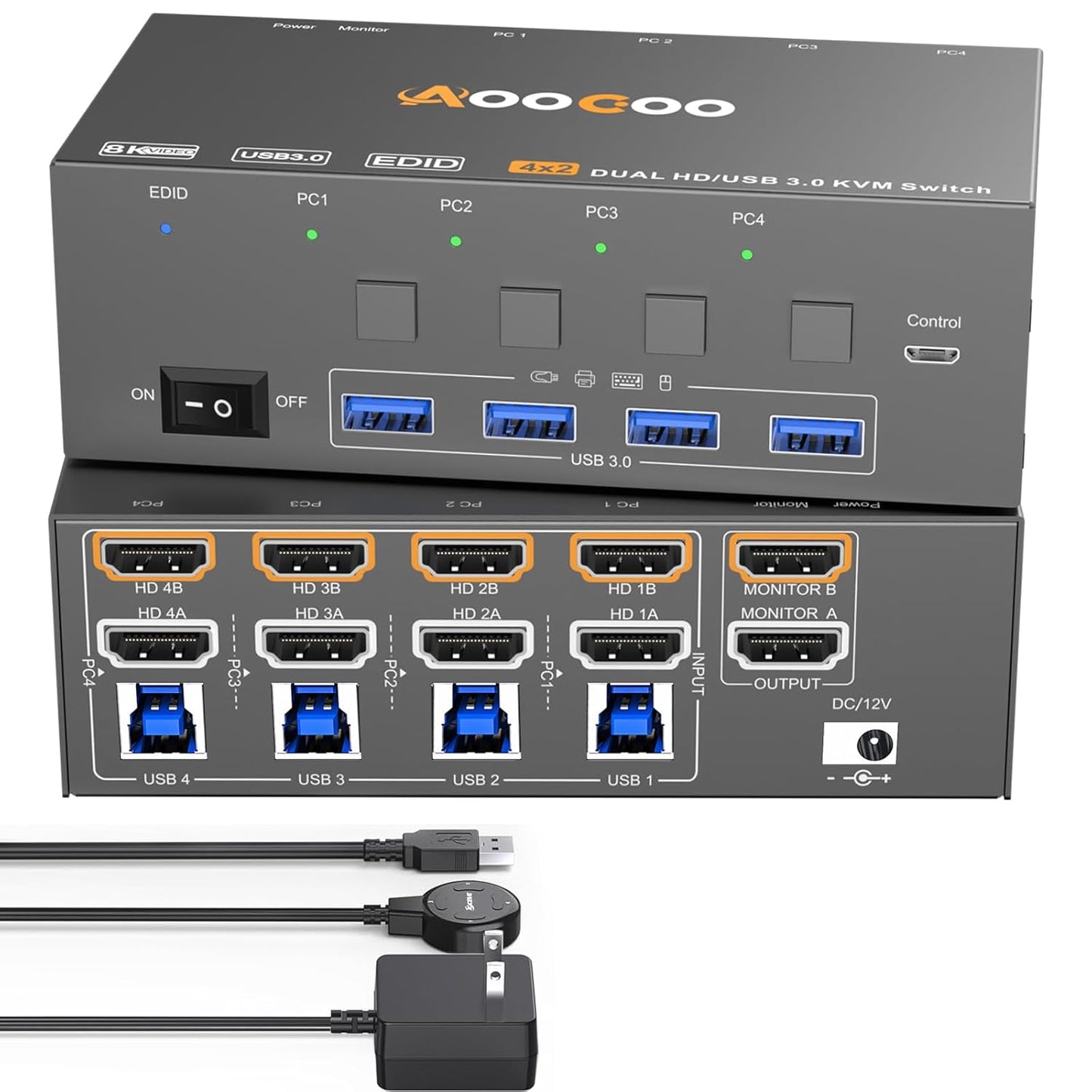 Dual Monitor KVM Switch for 4 PCs with 8K@60Hz Support