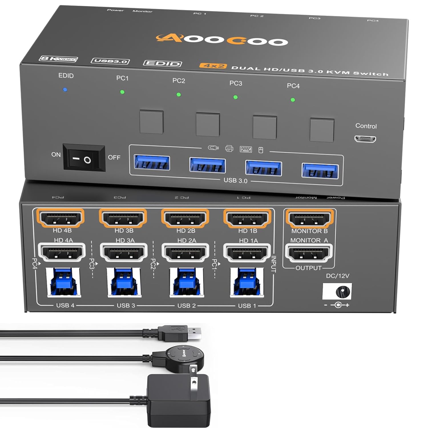 Dual Monitor KVM Switch for 4 PCs with 8K@60Hz Support