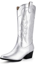 Cowboy Boots for Women Mid Calf Pointed Toe - Embroidered Chunky Heel