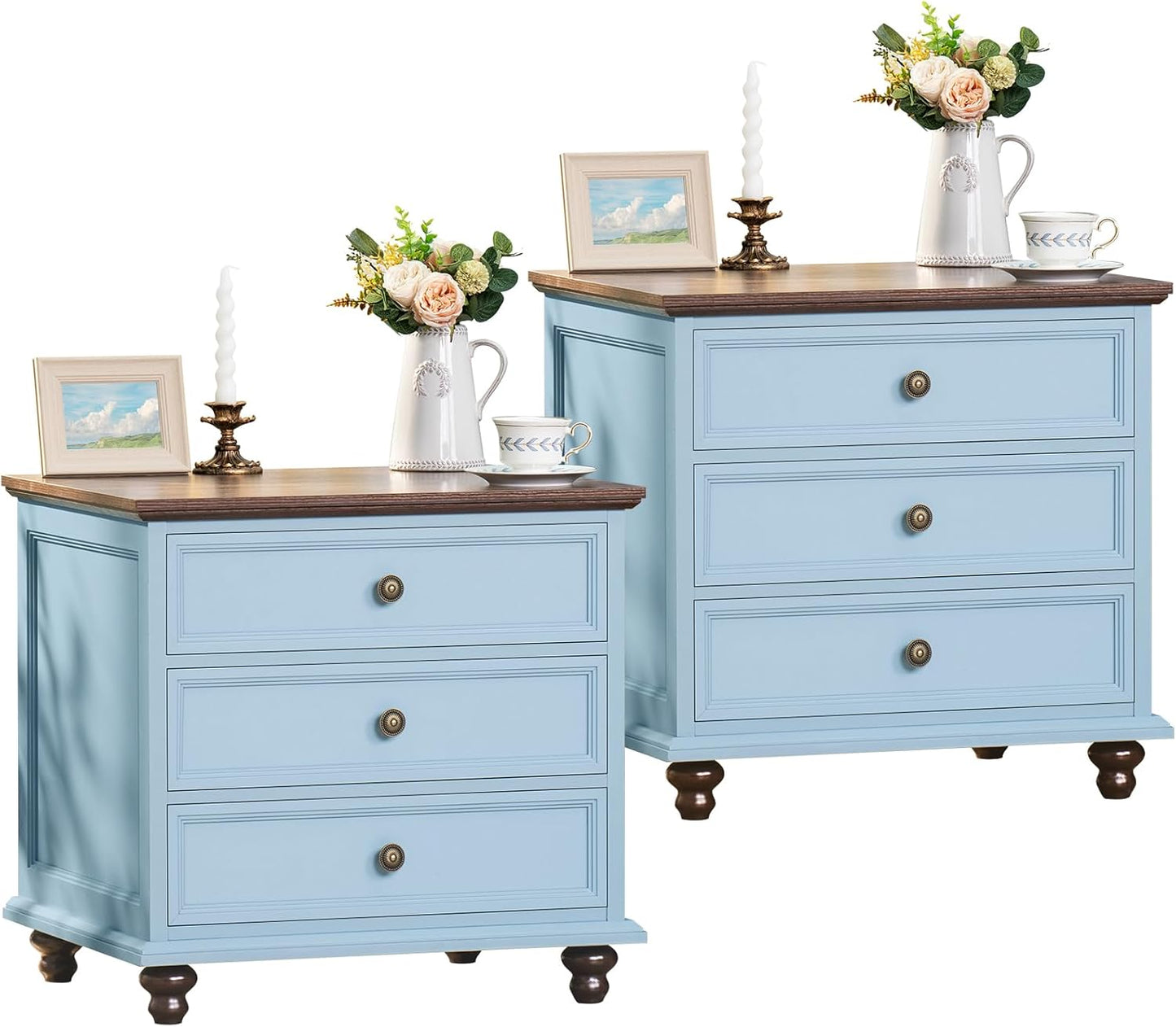 Farmhouse Night Stand Set of 2 with 3 Drawers for Bedroom