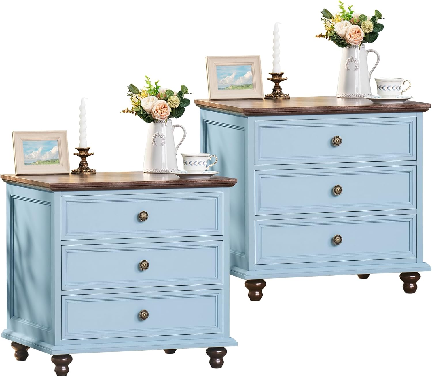Farmhouse Night Stand Set of 2 with 3 Drawers for Bedroom