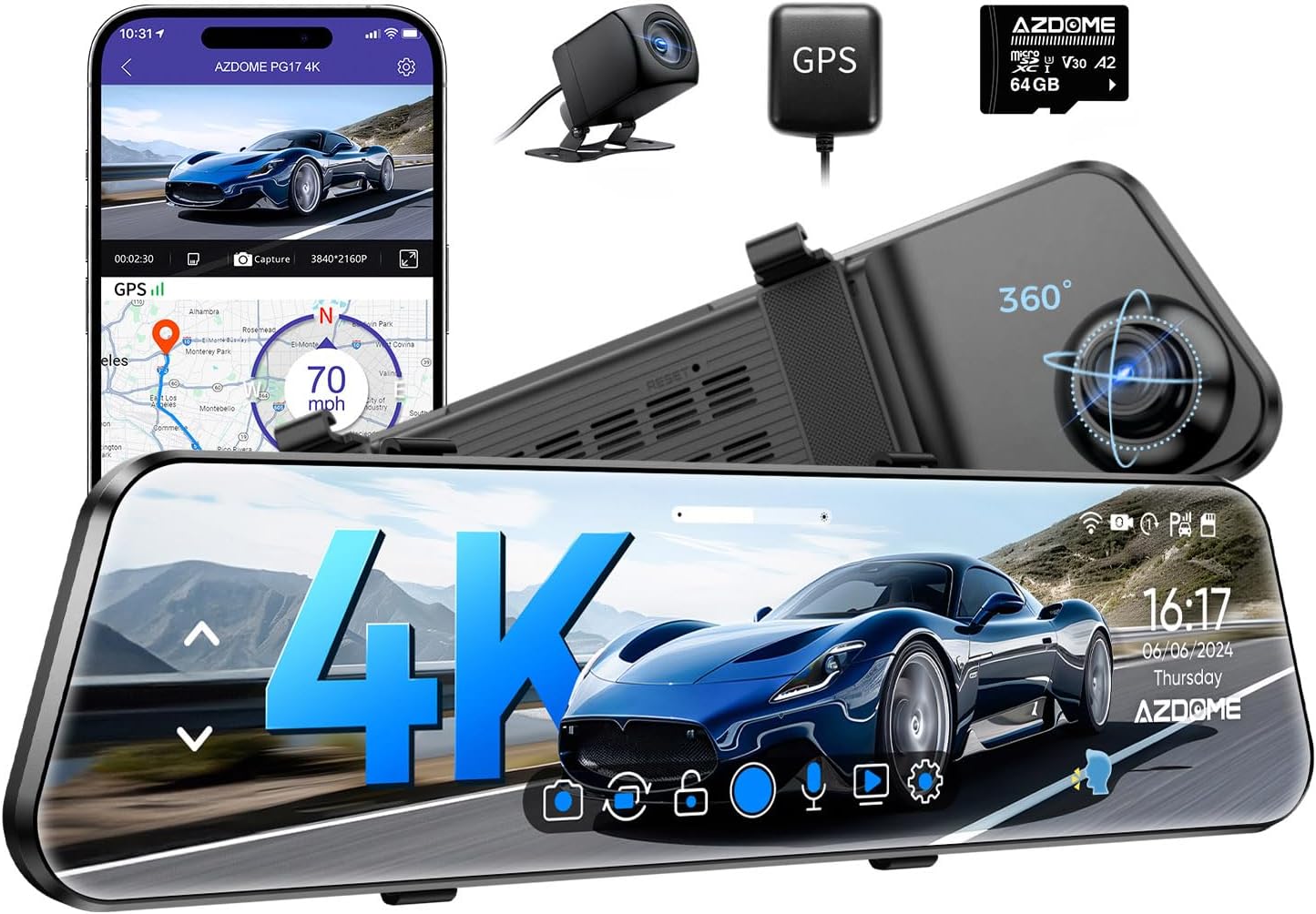 AZDOME PG17 12in 4K Mirror Dash Cam with Wi-Fi and GPS