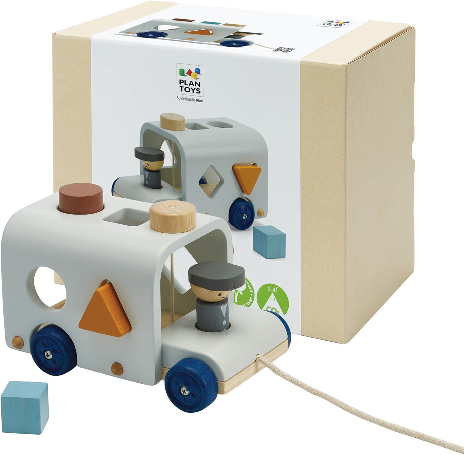 PlanToys Shape Sorting Bus Wooden Pull Toy for Imaginative Play