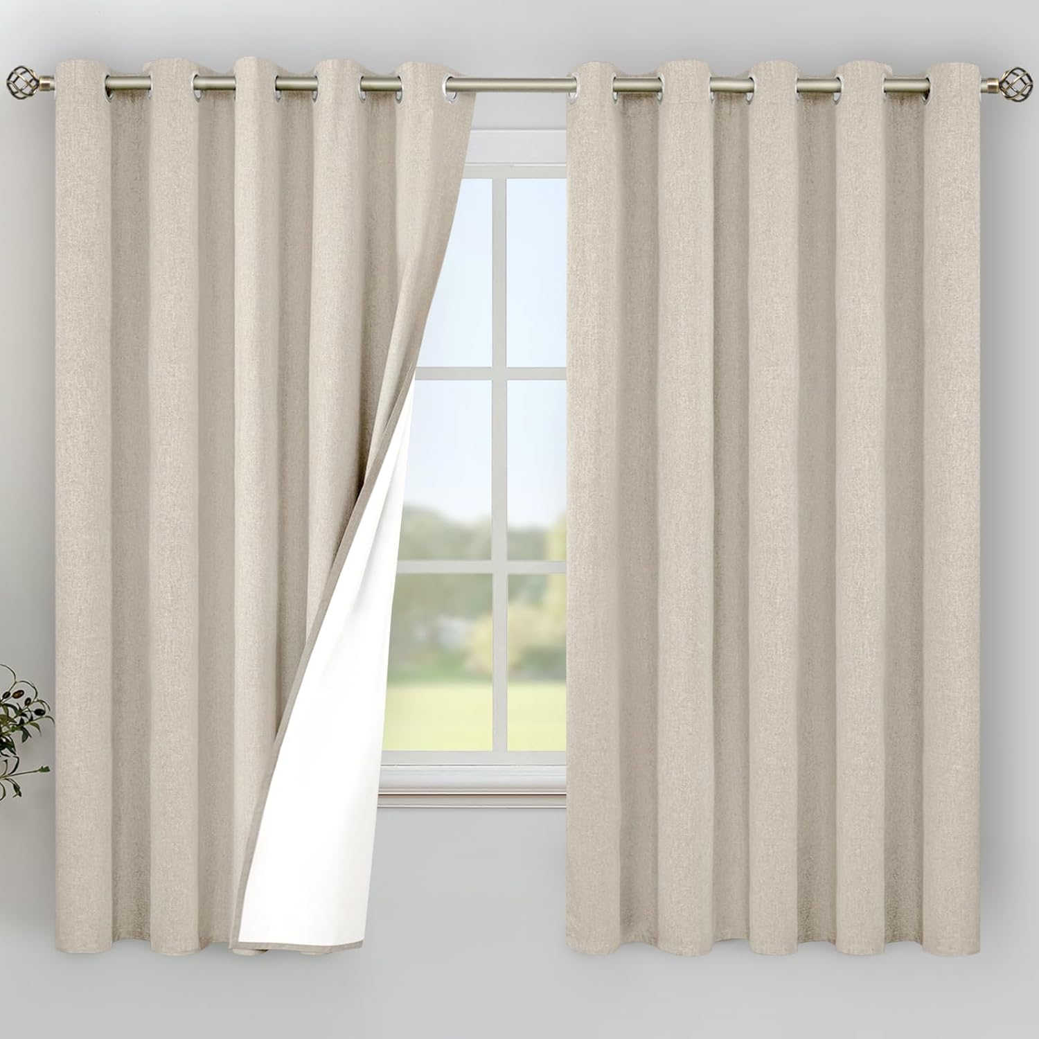YoungsTex Oatmeal Linen Blackout Curtains for Bedroom 63 Inch