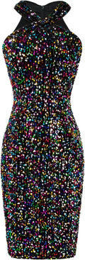 Sequin Dress for Women Sleeveless Halter Bodycon Mini - Sparkly Club