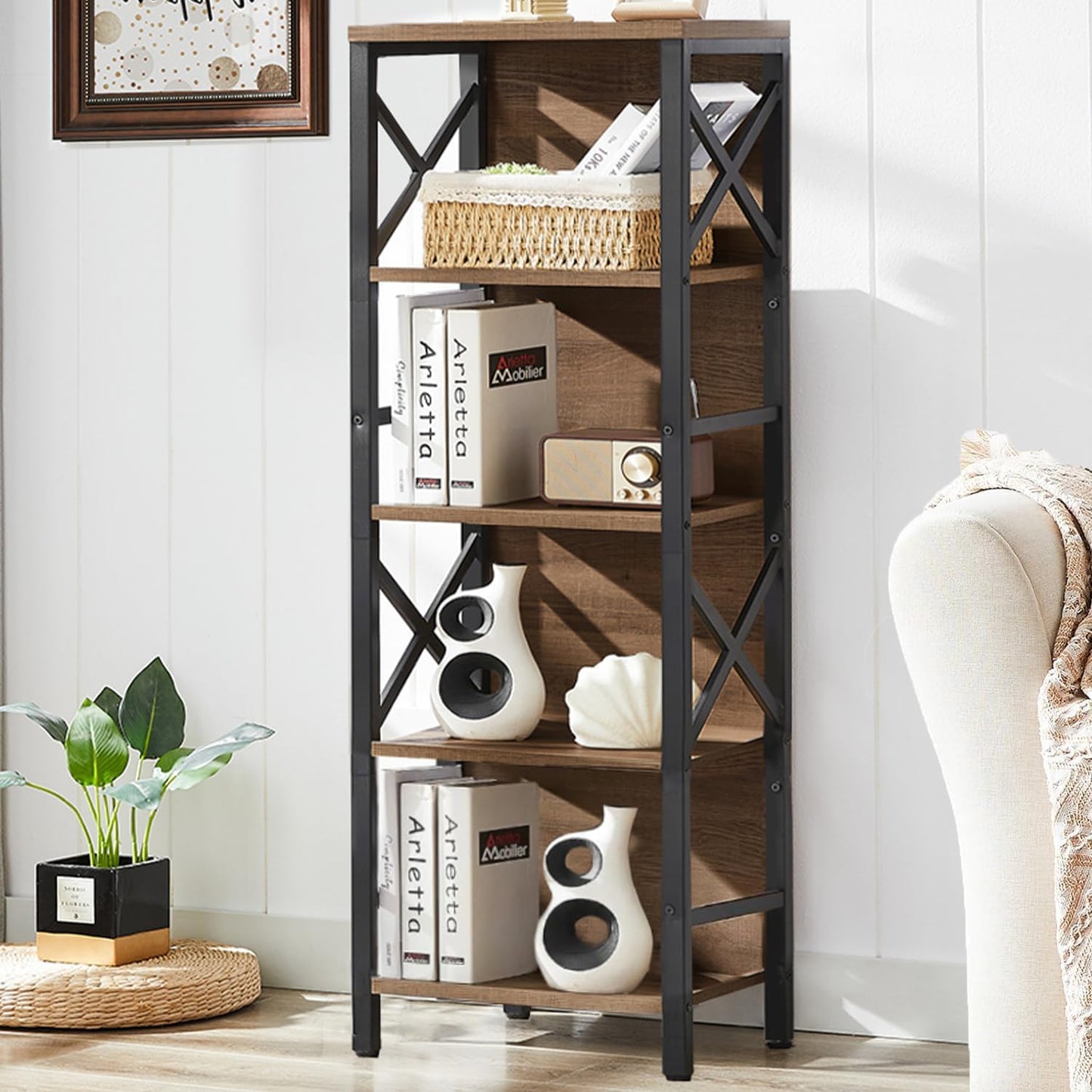Small 5 Tier Industrial Bookshelf for Living Room and Office
