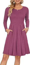 Women's Long Sleeve Casual Swing Dress with Pockets - Knee Length