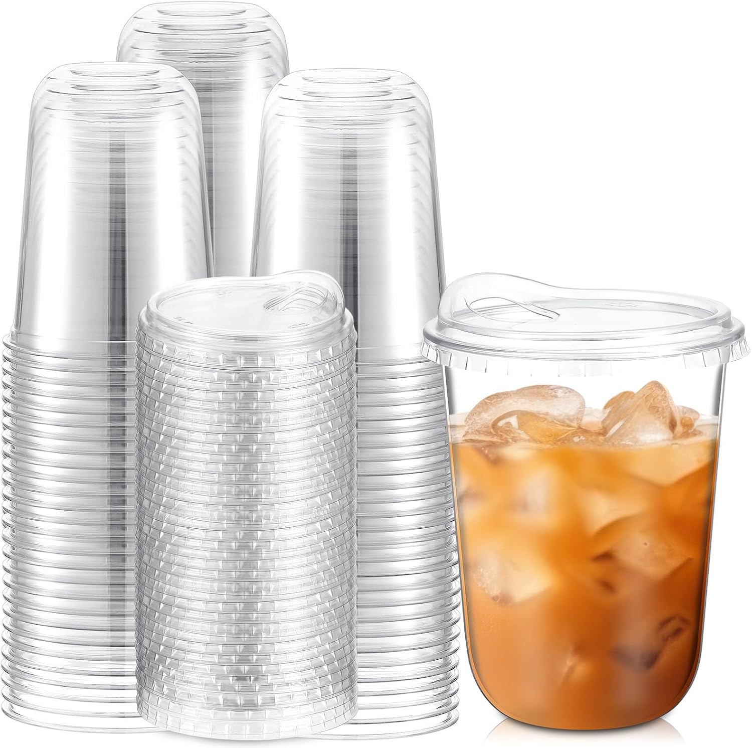 Baderke 16 oz Clear Plastic Cups with Strawless Sip Lids - 100 Pcs