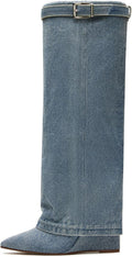 Fold Over Wide-calf Wedge Heel Knee High Boot - Stylish Folded Look