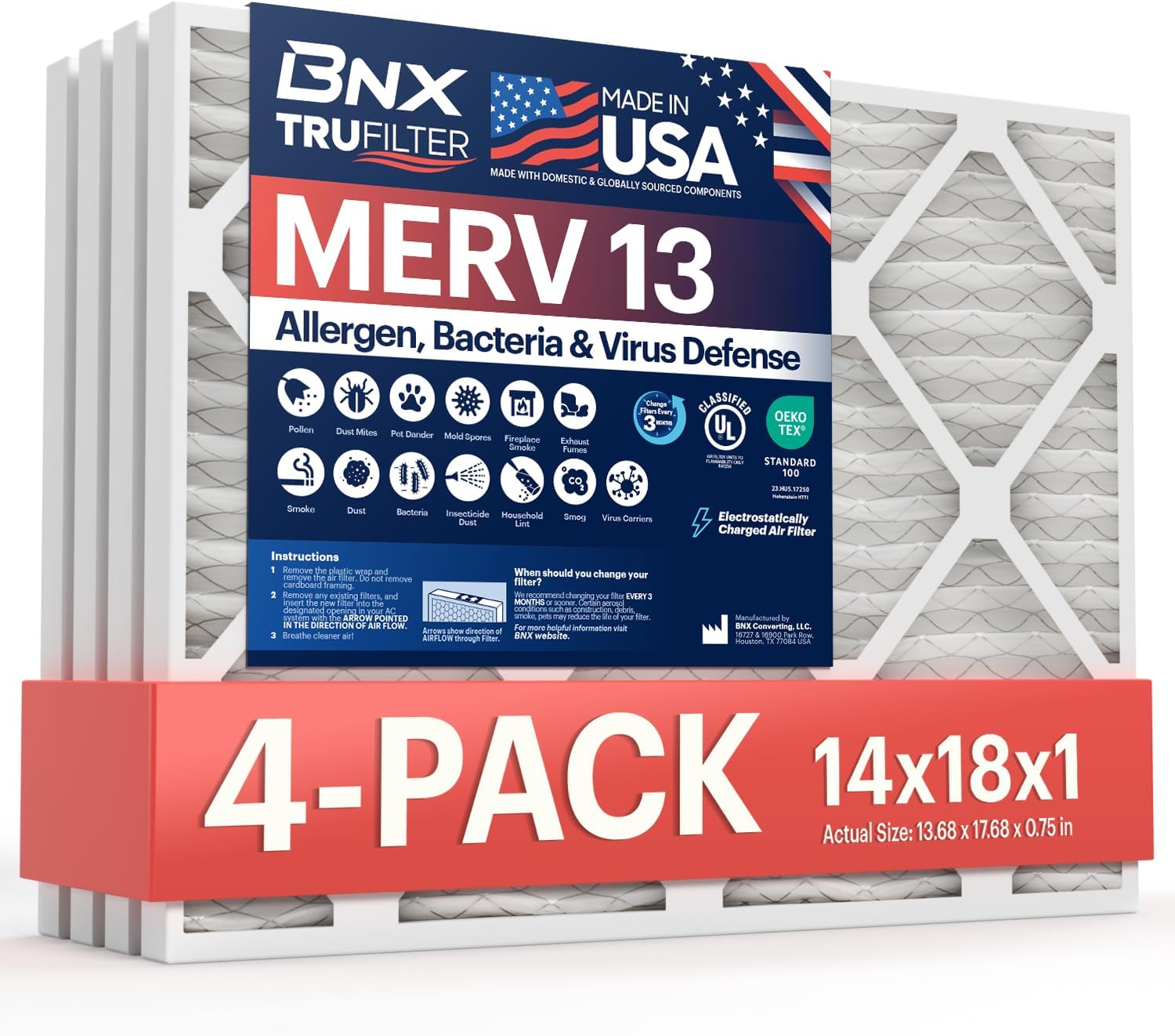 BNX TruFilter 14x18x1 MERV 13 Air Filter - USA Made