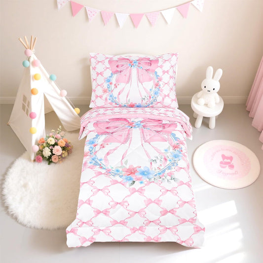 Toddler Bedding Set for Girls with Cute Bow and Floral Design