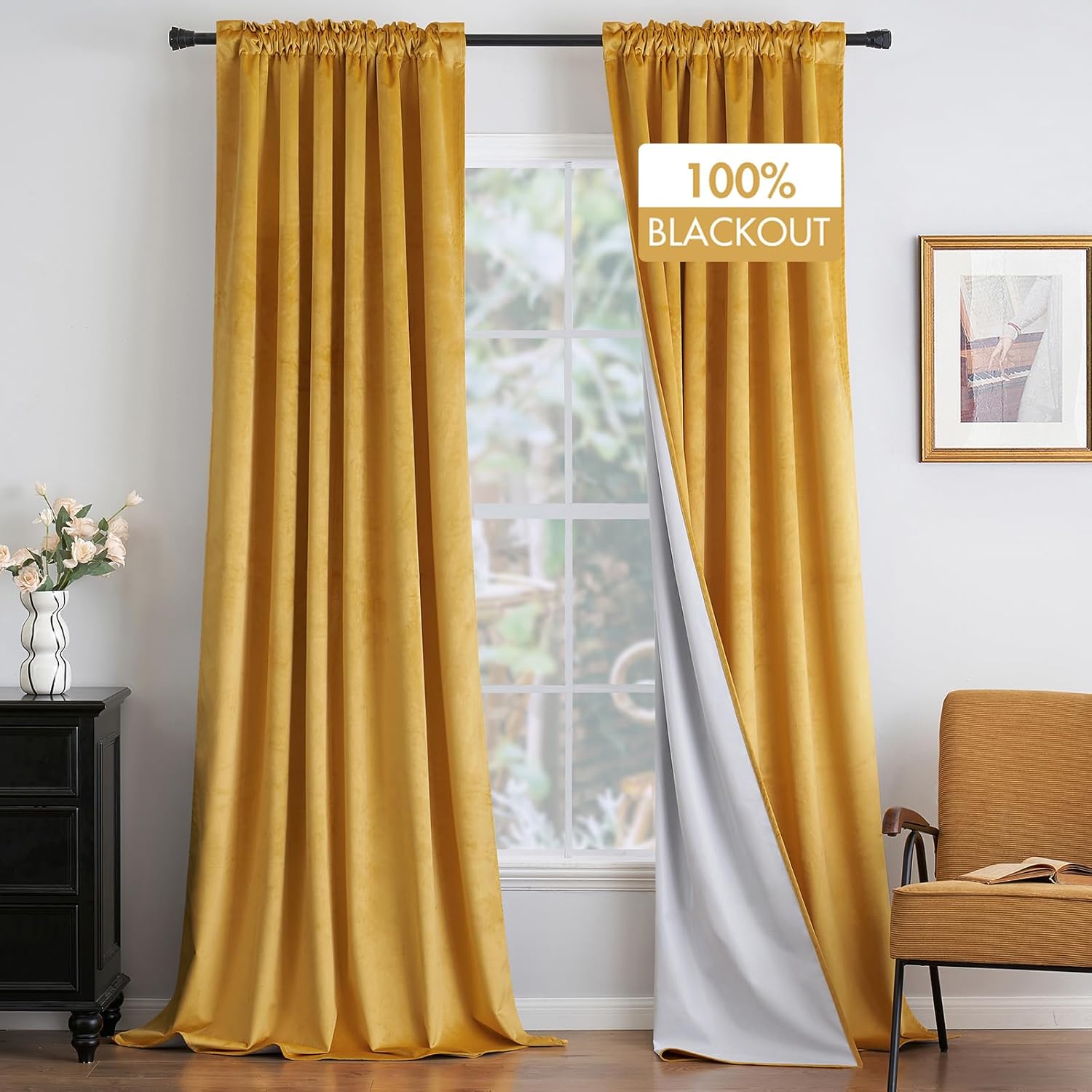 MIULEE 100% Blackout Velvet Curtains - Luxurious Mustard Yellow Drapes