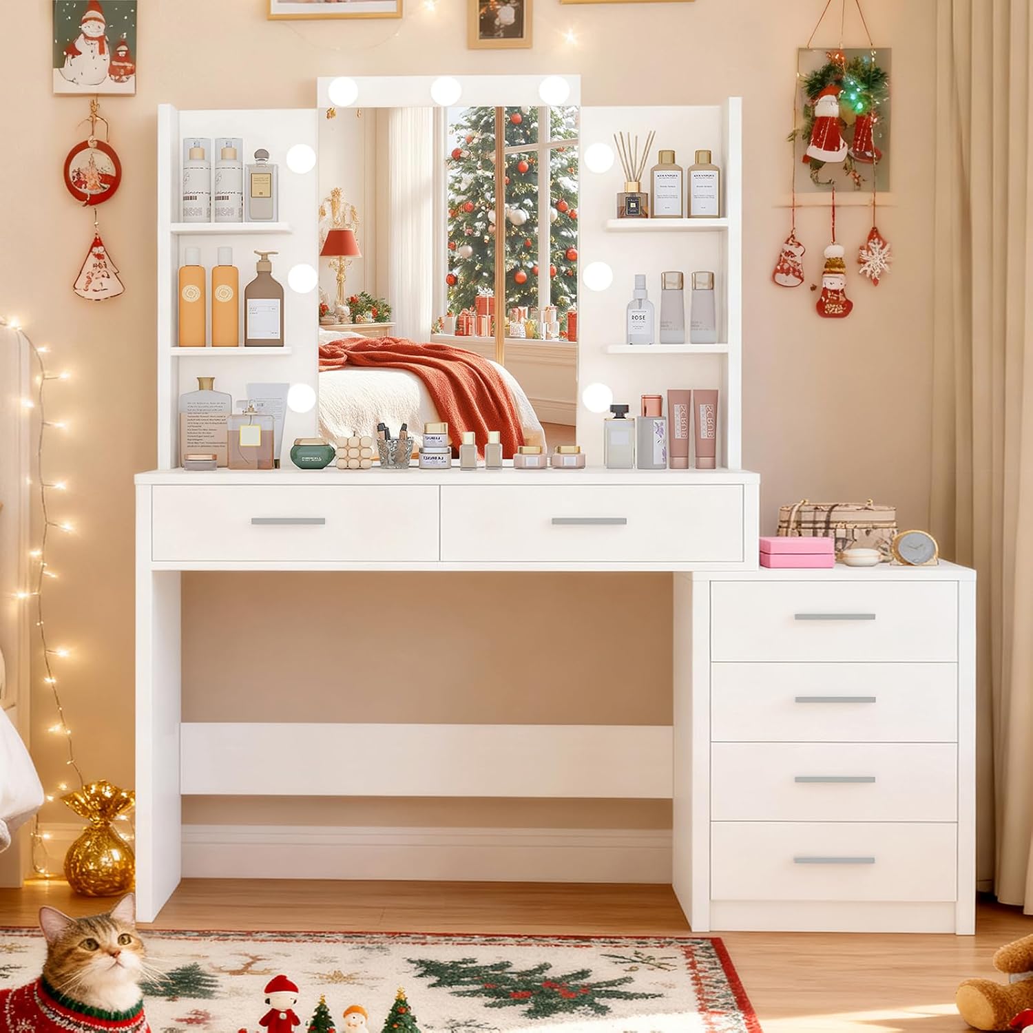 Quimoo 43.3 W Vanity Desk with Mirror and LED Lights for Makeup