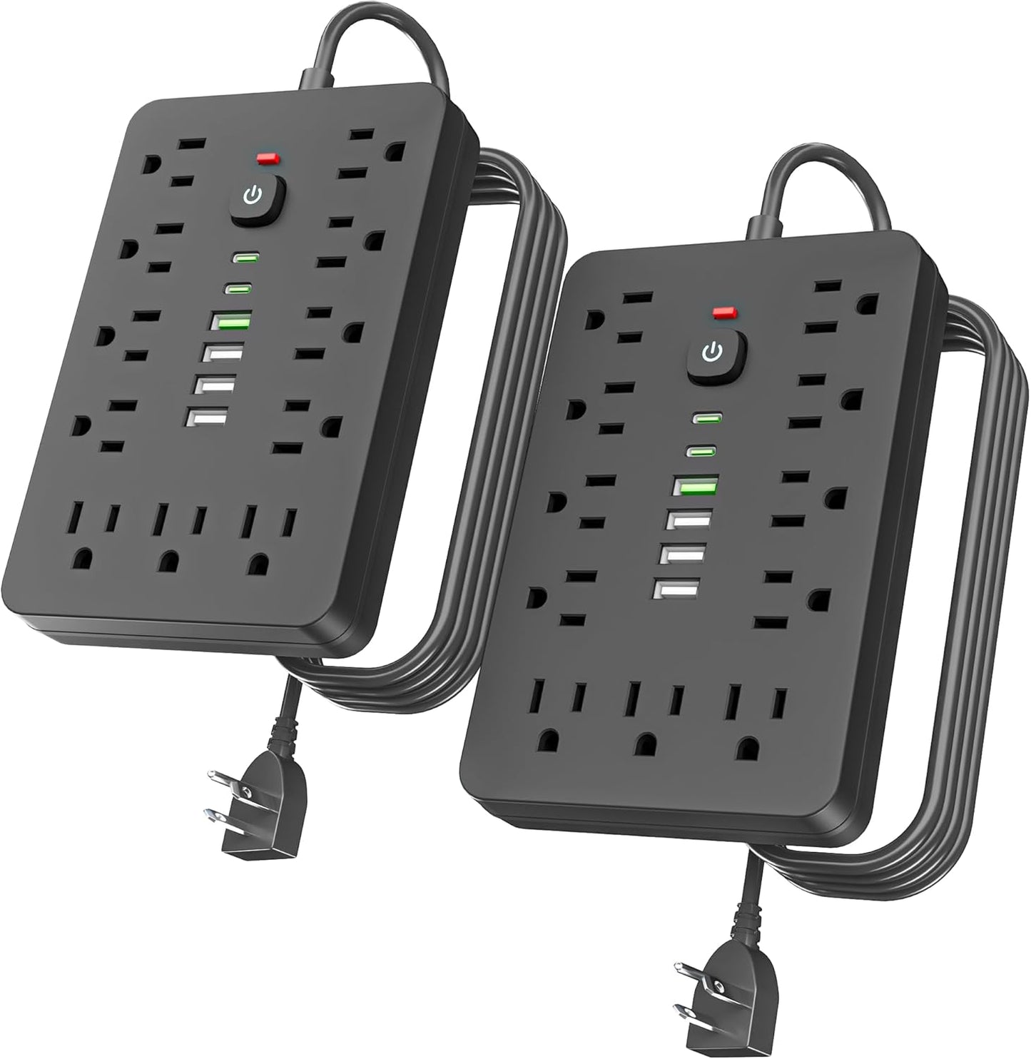 2PCS 6 FT Flat Plug Surge Protector Power Strip with USB Ports