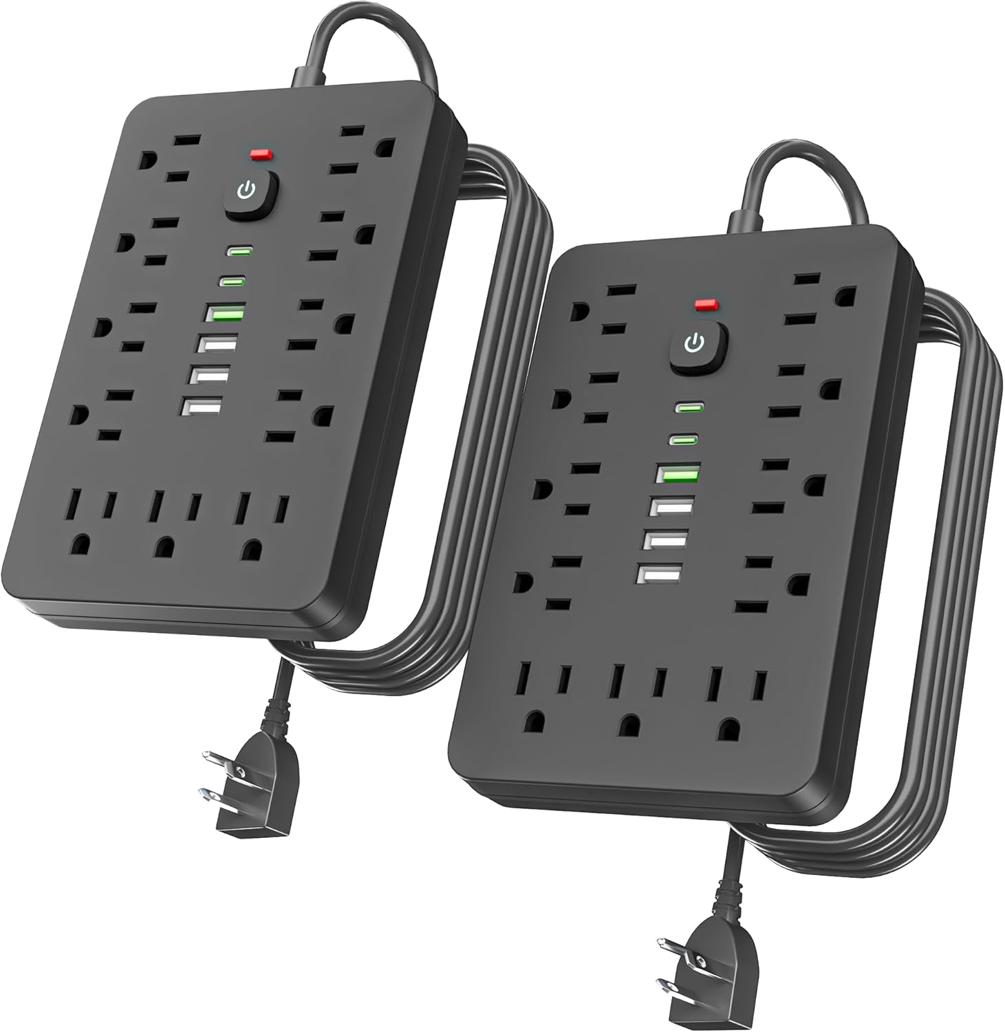 2PCS 6 FT Flat Plug Surge Protector Power Strip with USB Ports