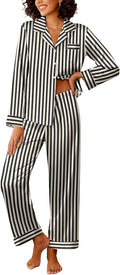 Ekouaer Womens Silk Satin Pajama Set - Soft Striped 2-Piece Sleepwear