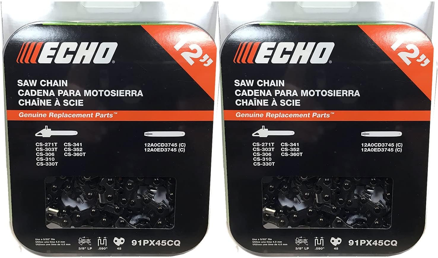 Echo Set of 2 OEM 12 in Chainsaw Chain 45 DL 3/8 in .050 in