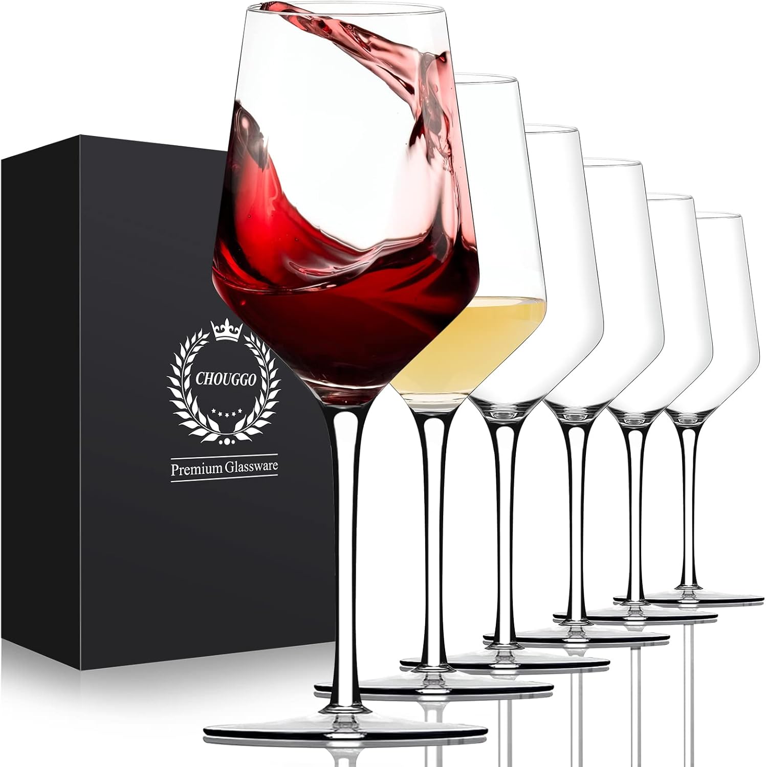 Chouggo Hand Blown Crystal Wine Glasses Set of 6 - 15Oz