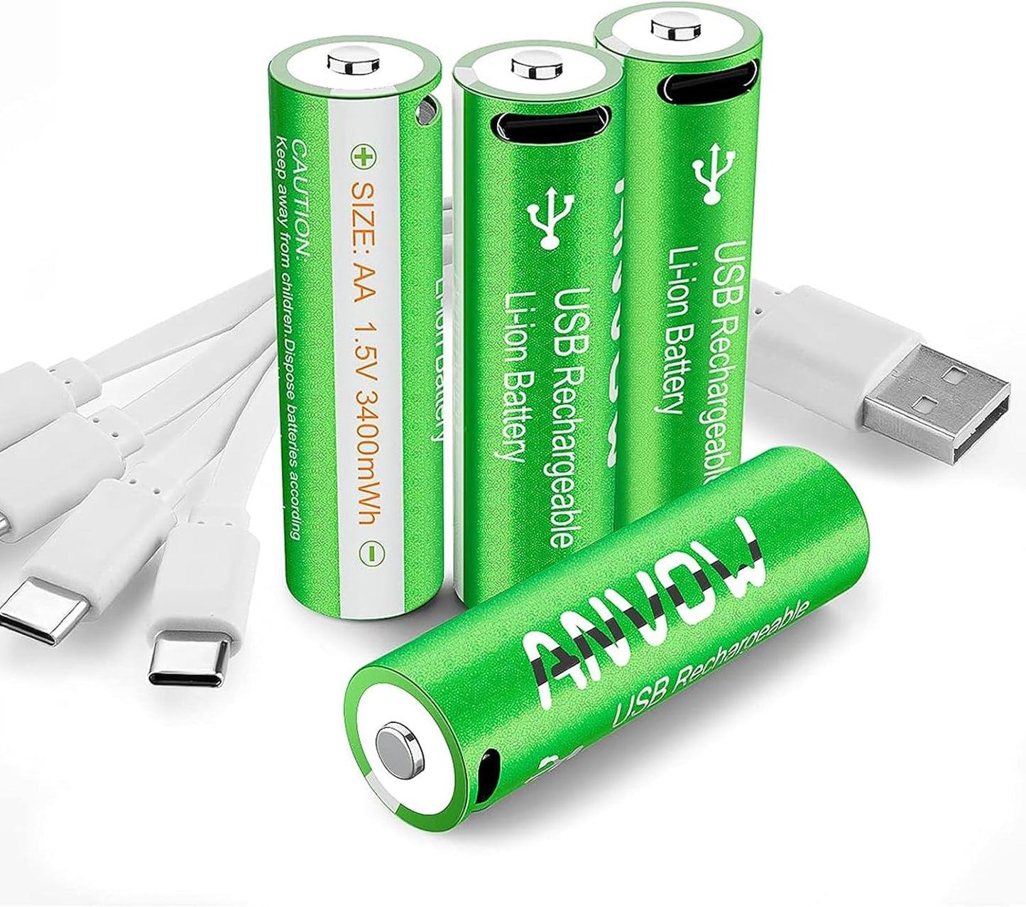 ANVOW USB-C Rechargeable AA Batteries - 3400mWh Power, 1000x Recharge, 4-Pack
