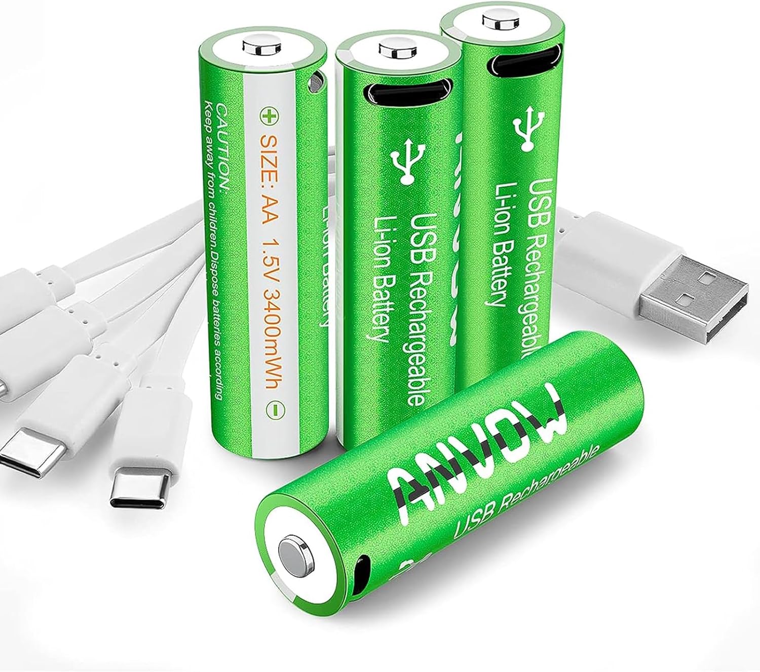 ANVOW USB-C Rechargeable AA Batteries - 3400mWh Power, 1000x Recharge, 4-Pack