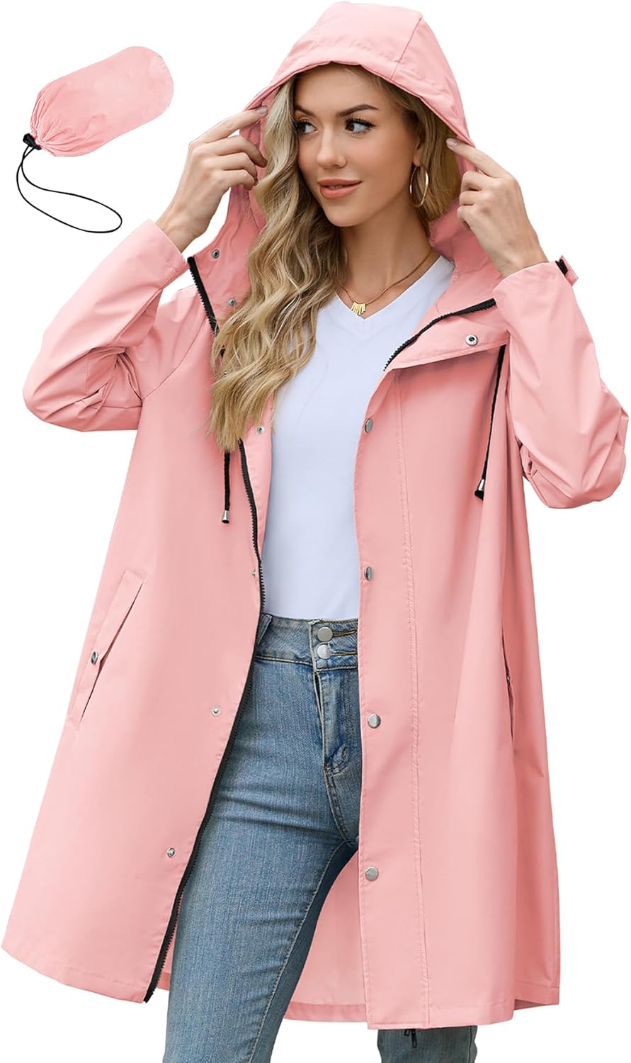 Zando Long Packable Rain Jacket for Women - Waterproof Windbreaker