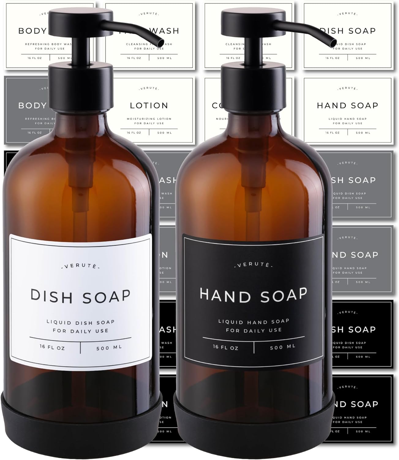 Set of 2 Amber Glass Soap Dispensers, Waterproof Labels & Non-Slip Pad for Bathroom & Kitchen by Verute
