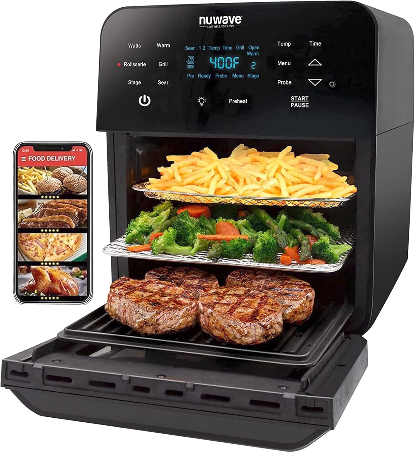 Nuwave 15.5Qt Air Fryer Oven, XL Family Size, Rotisserie & Grill, 1800W Power