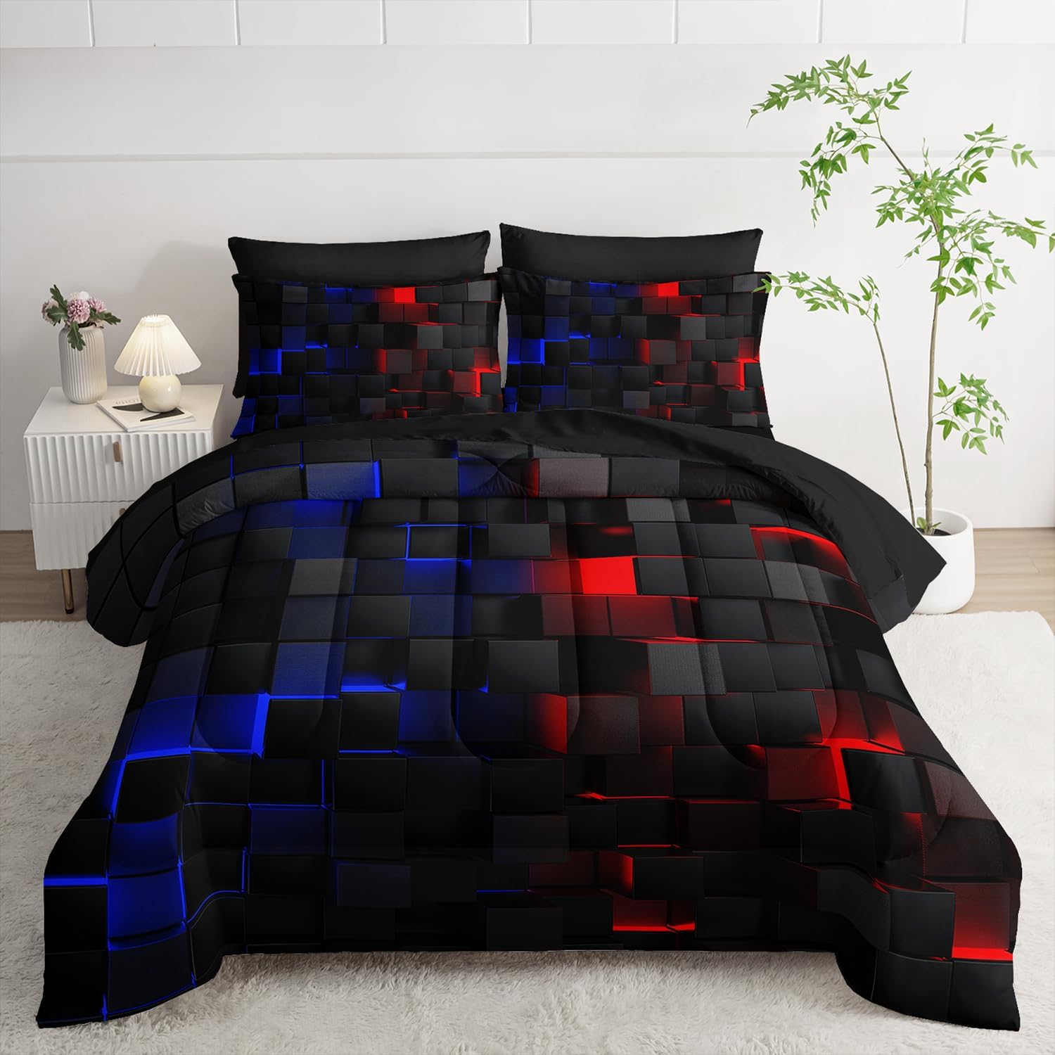 Red and Blue Checkered Comforter Set King for All Seasons
