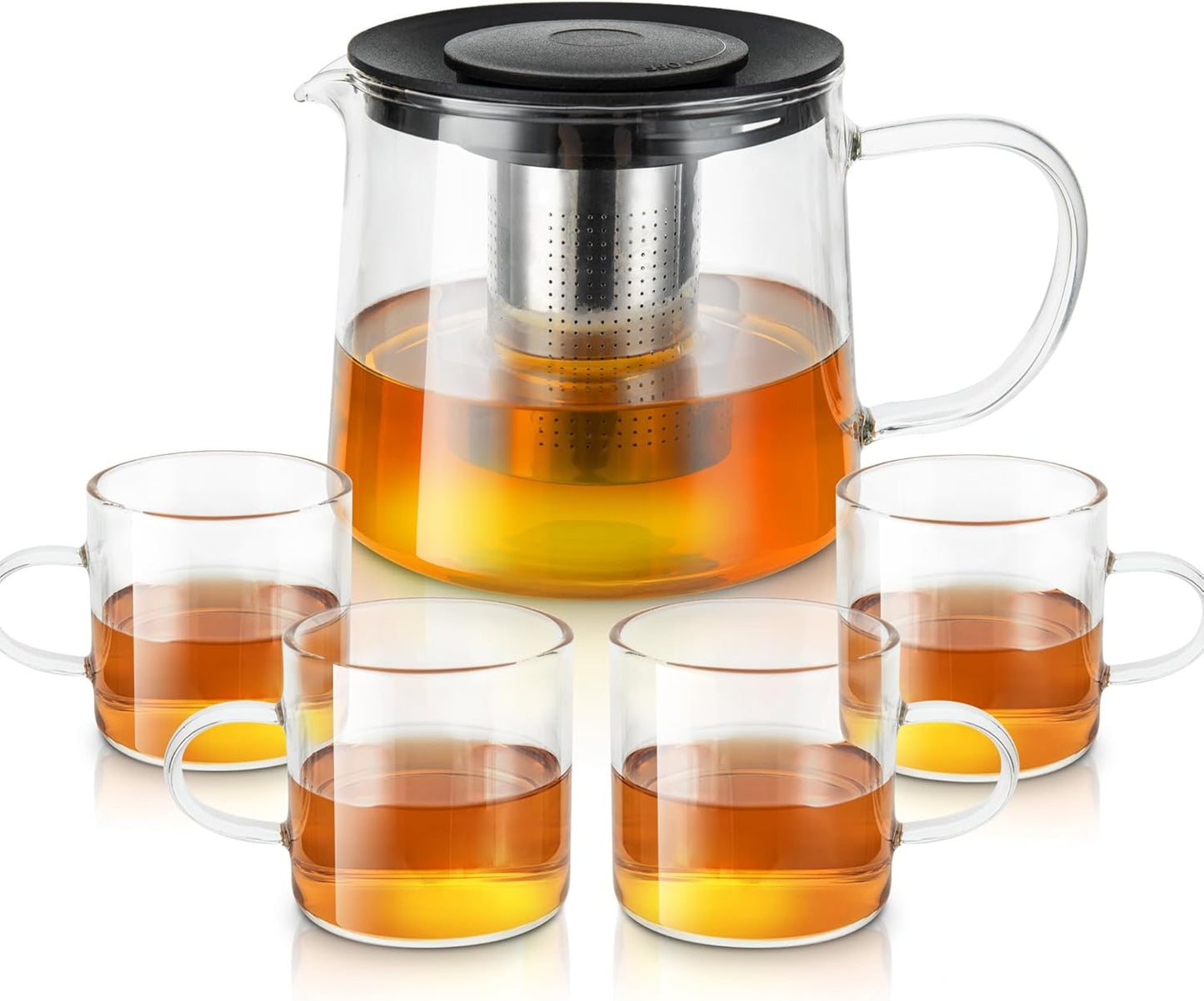 Glass Teapot 34oz with 4 Pack Tea Cups Gift Set for Tea Lovers