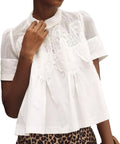 Women Lace-Detail Flared Blouse Short-Sleeve - Elegant Swing Top