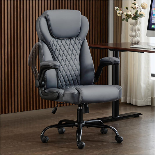 Ergonomic Leather Office Chair with Adjustable Flip-Up Arms
