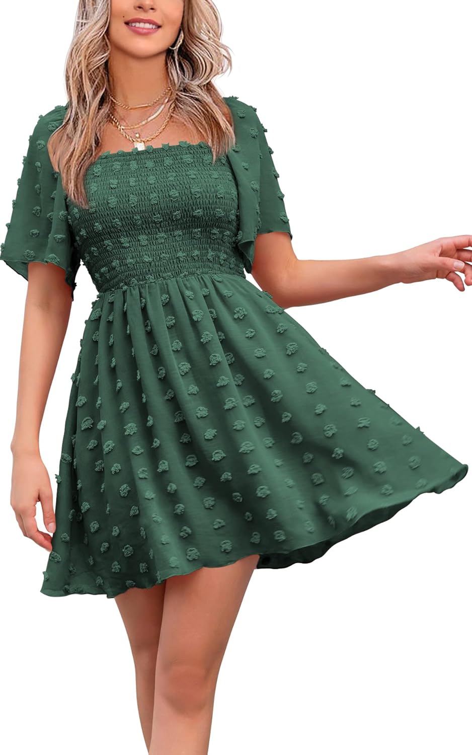 EXLURA Women's Summer Casual Square Neck Ruffle Mini Dress