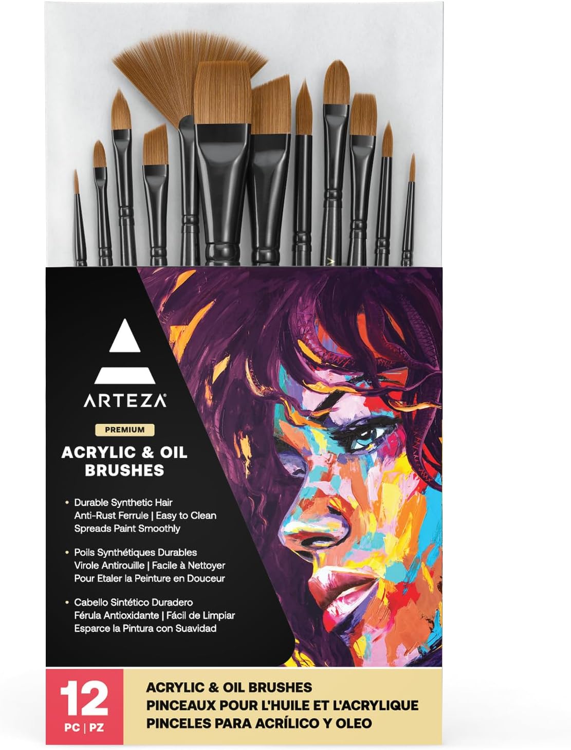 ARTEZA Paint Brushes Set of 12 for Oil and Acrylic Painting