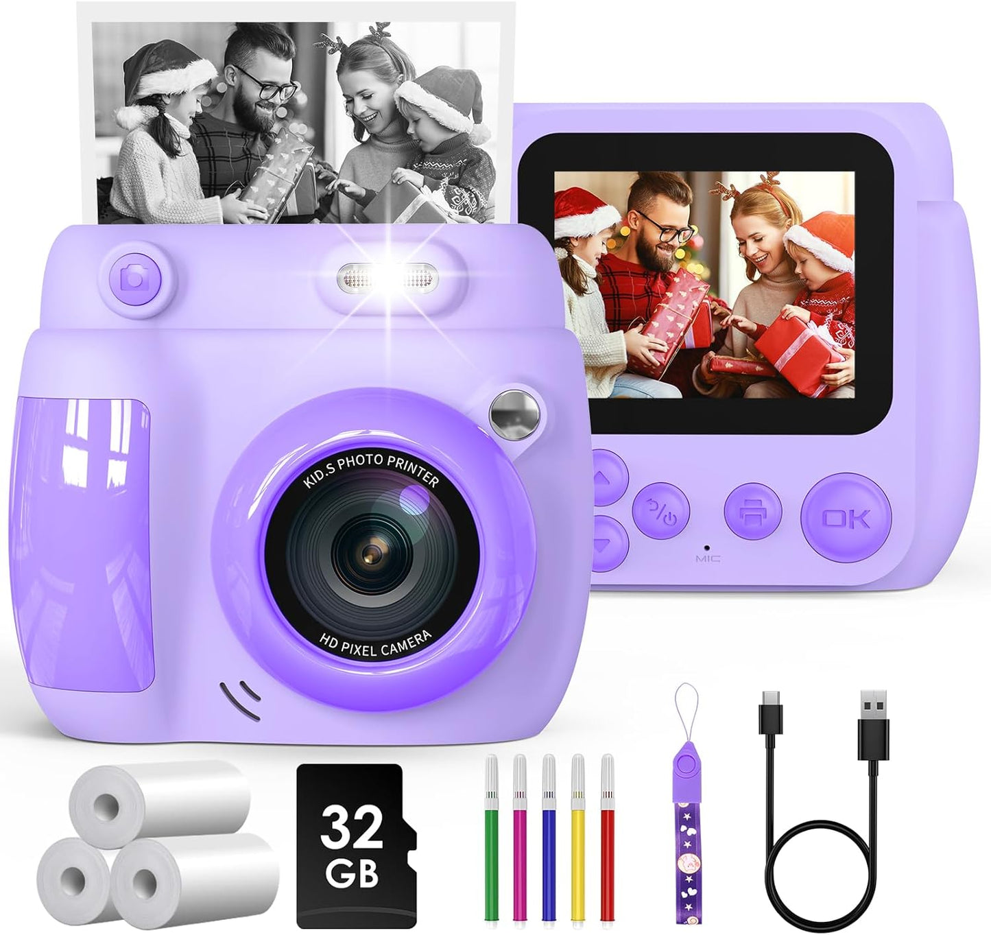 Kids Instant Print Camera Set, 48MP HD Video, 3 Rolls Print Paper, 32GB Card - Perfect Birthday Gift! Purple