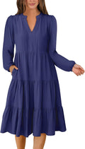 Long Sleeve Midi Dress V Neck Loose Fit Tiered Boho - Versatile Wear