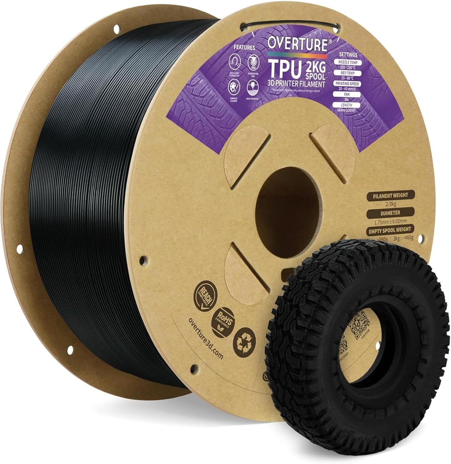 OVERTURE TPU Filament 1.75mm Flexible Roll for 3D Printing