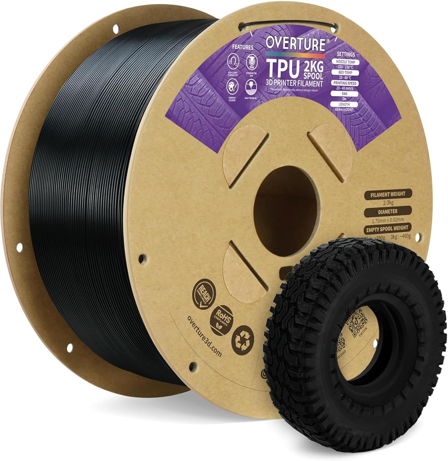 OVERTURE TPU Filament 1.75mm Flexible Roll for 3D Printing