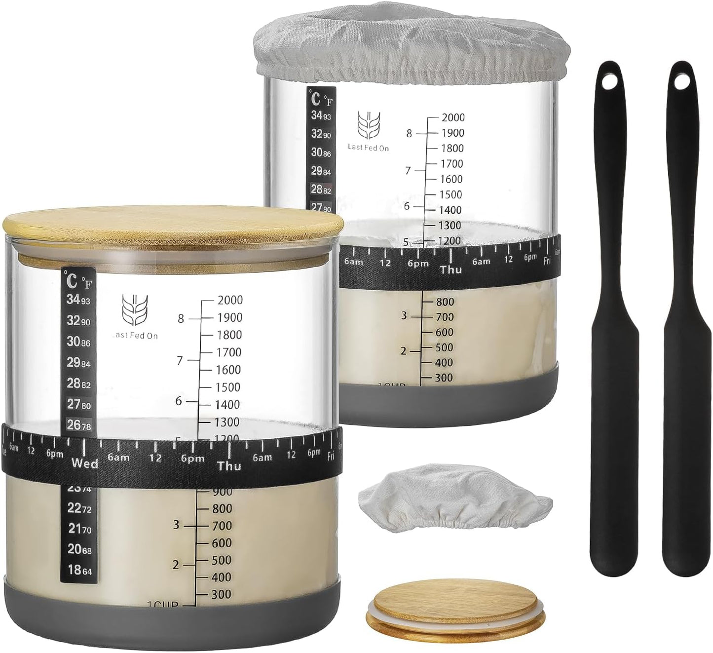 Sourdough Starter Jar Kit 2Pack with Thermometer and Bamboo Lid