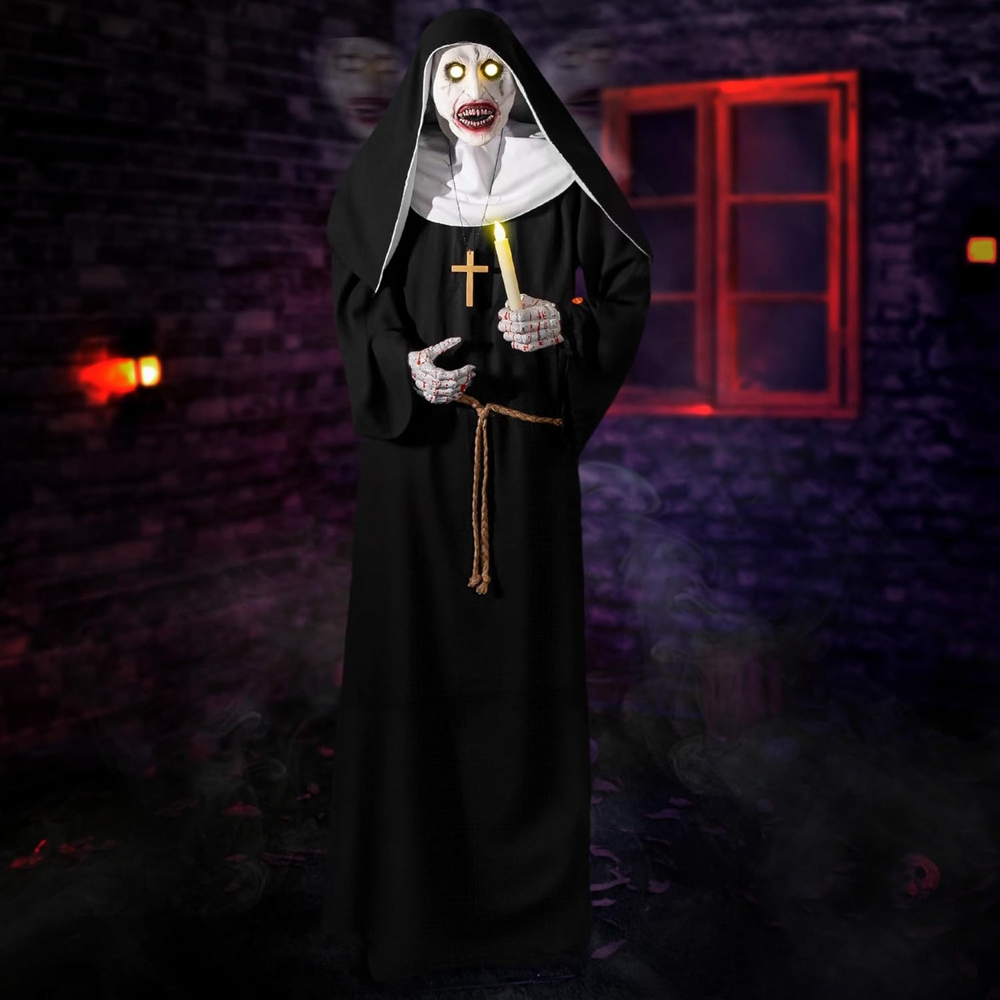 Creepy 72in Animated Nun Halloween Decor with Motion Sensor