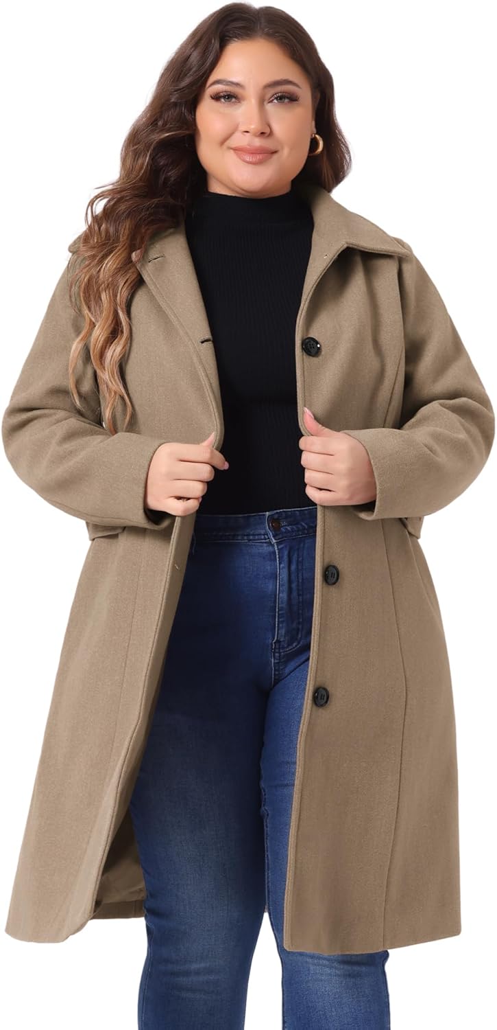 Plus Size Women's Long Coat with Belt and Pockets for Winter