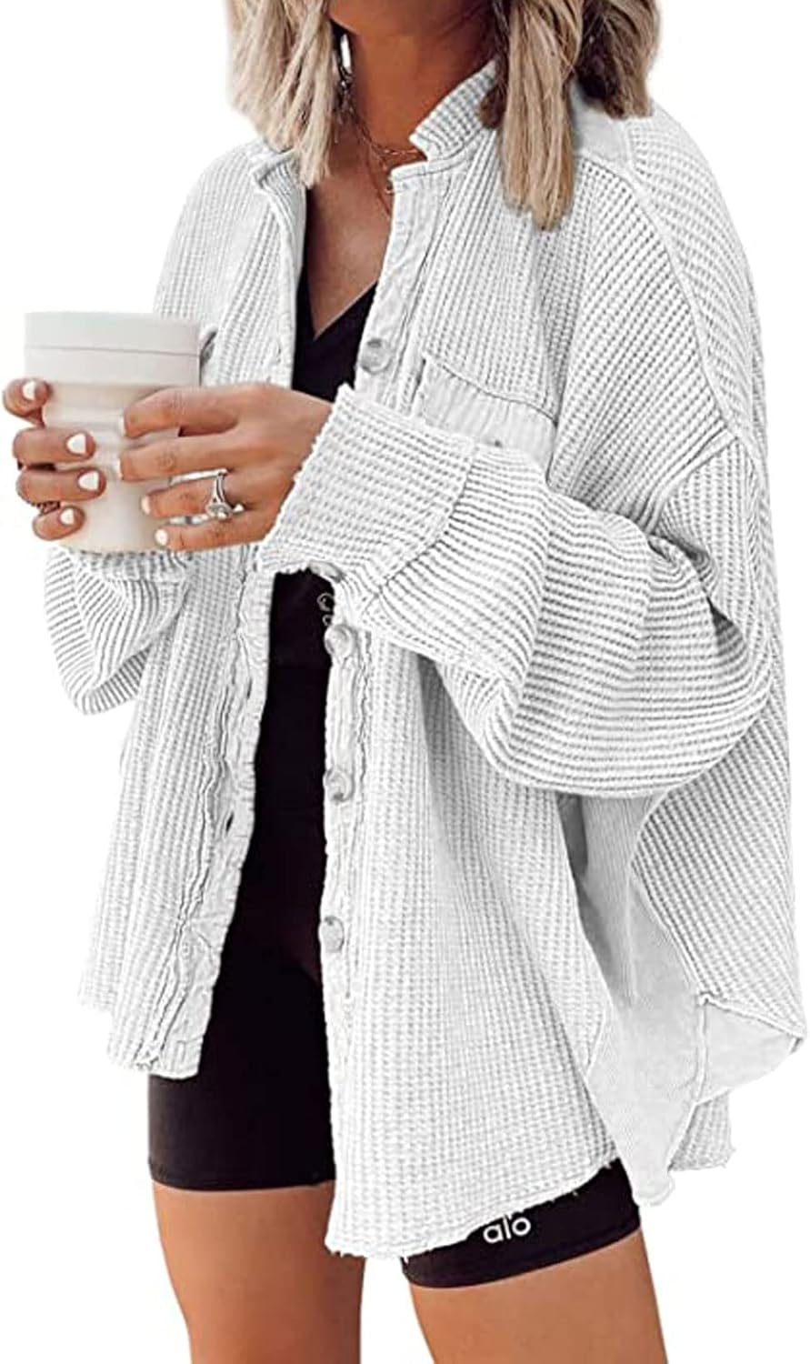 Oversized Waffle Knit Shirt for Women - Trendy Fall Shacket